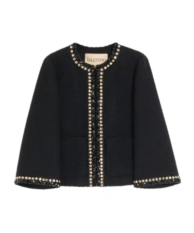 Valentino Embroidered Canestrello Tweed Jacket In Black
