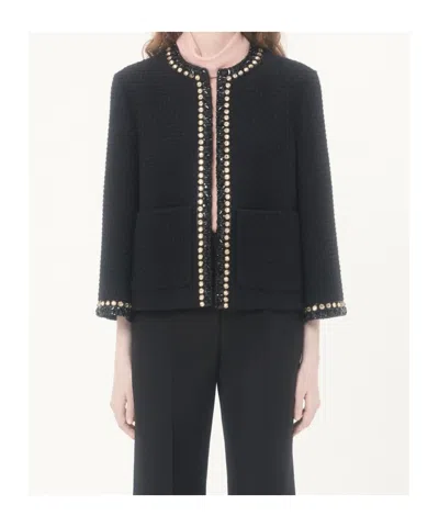 Valentino Embroidered Canestrello Tweed Jacket In Black