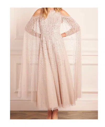 Needle & Thread Sequined Cape Sleeve Gown In White