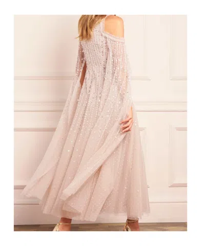 Needle & Thread Sequined Cape Sleeve Gown In White