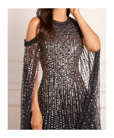 Needle & Thread Sequined Cape Sleeve Gown In Black