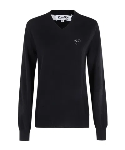 Comme Des Garçons Play Heart Embroidered Long Sleeve V Neck Top In Black