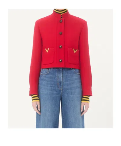 Valentino Drill Double Caban V-gold Jacke In Red