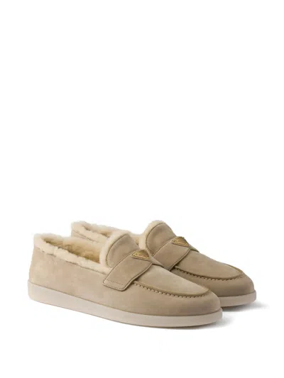 Prada Saint Tropez Shearling Loafers In Neutral
