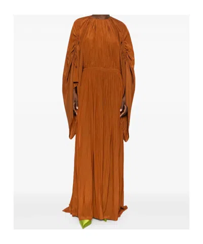 Lanvin Crinkled Satin Ruched Sleeve Gown In Brown