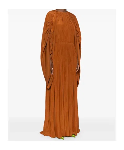 Lanvin Crinkled Satin Ruched Sleeve Gown In Brown