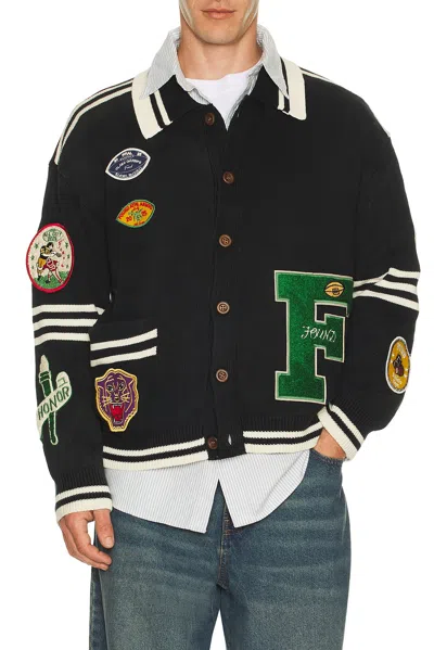 Found Varsity Patch Collared Cardigan In Black