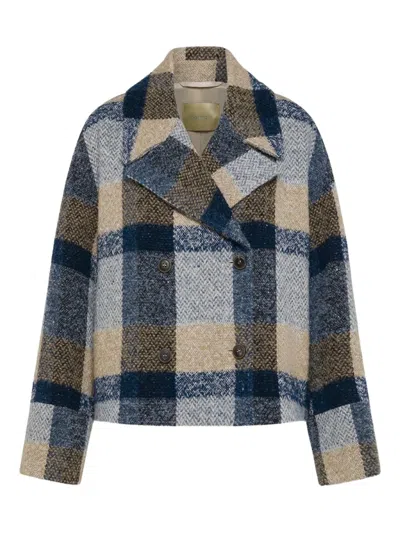 Momoní Double-breasted Check Coat In Blue