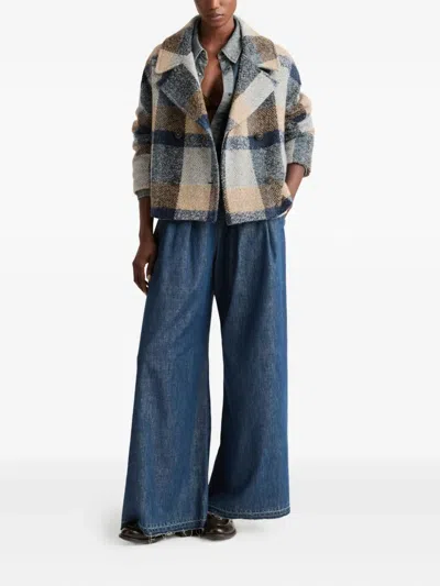 Momoní Double-breasted Check Coat In Blue