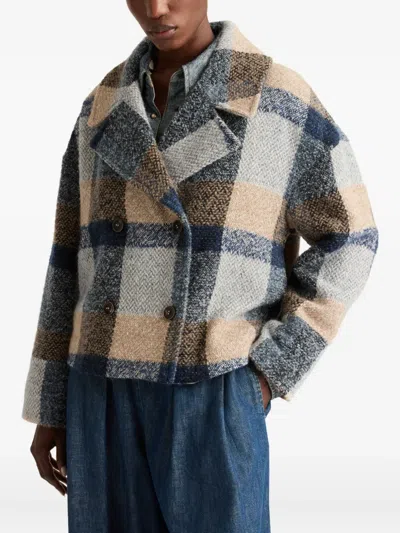 Momoní Double-breasted Check Coat In Blue