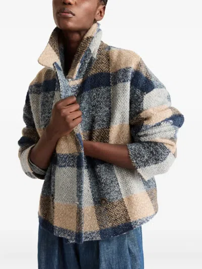 Momoní Double-breasted Check Coat In Blue