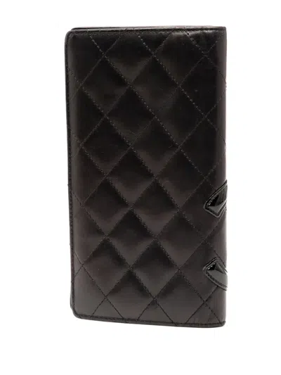 Pre-owned Chanel 2009-2010 Quilted Lambskin Cambon Ligne Bifold Wallet Long Wallets In Black