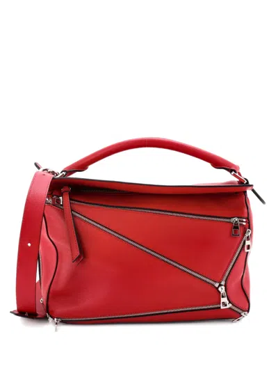 Pre-owned Loewe Puzzle Bag Zipper Embellished Leather Medium Satchel In Red
