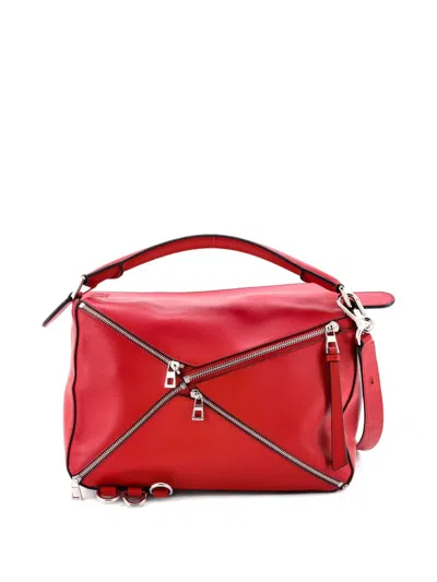 Pre-owned Loewe Puzzle Bag Zipper Embellished Leather Medium Satchel In Red