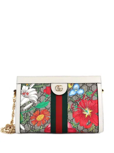 Pre-owned Gucci Ophidia Chain Shoulder Bag Flora Gg Coated Canvas Small Crossbody Bag In Neutral