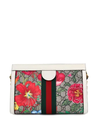 Pre-owned Gucci Ophidia Chain Shoulder Bag Flora Gg Coated Canvas Small Crossbody Bag In Neutral