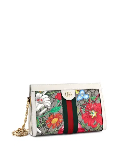 Pre-owned Gucci Ophidia Chain Shoulder Bag Flora Gg Coated Canvas Small Crossbody Bag In Neutral