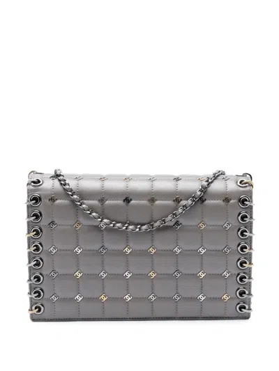 Pre-owned Chanel 2016-2017 Small Lambskin Chocolate Bar Cc Piercing Studded Chain Flap Crossbody Bag In Gray