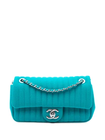 Pre-owned Chanel 2016-2017 Mini Vertical Quilted Jersey Single Flap Crossbody Bag In Blue