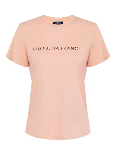 Elisabetta Franchi Rhinestone Logo Jersey T-shirt In Pink