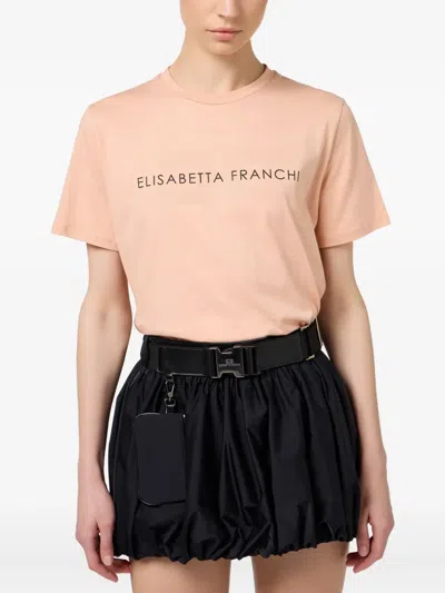 Elisabetta Franchi Rhinestone Logo Jersey T-shirt In Pink