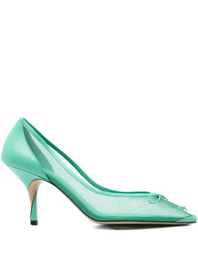 Jacquemus The Tourni Bow-detailed Leather-trimmed Mesh Pumps In Green