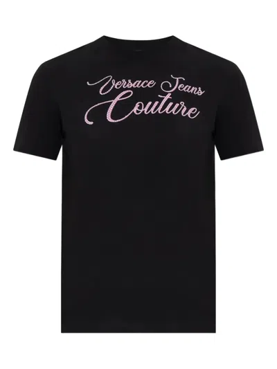 Versace Jeans Couture Short Sleeve Crew Neck Embroidered Top In Black