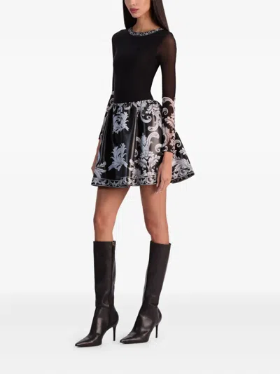 Alice And Olivia Chara Round Neck Long Sleeve Dress In Black