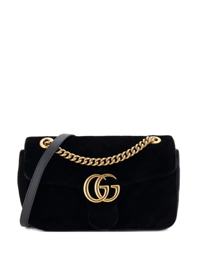 Pre-owned Gucci Gg Marmont Flap Bag Matelasse Velvet Small Shoulder Bag In Black