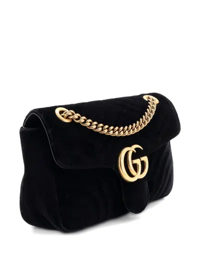 Pre-owned Gucci Gg Marmont Flap Bag Matelasse Velvet Small Shoulder Bag In Black