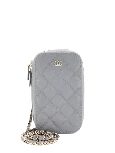 Pre-owned Chanel Zip Around Phone Case With Chain Quilted Caviar Crossbody Bag In Gray