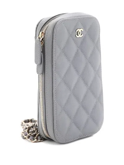 Pre-owned Chanel Zip Around Phone Case With Chain Quilted Caviar Crossbody Bag In Gray