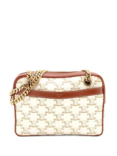 Pre-owned Celine Patapans Bag Triomphe Coated Canvas Small Shoulder Bag In Neutral