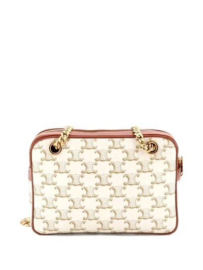 Pre-owned Celine Patapans Bag Triomphe Coated Canvas Small Shoulder Bag In Neutral