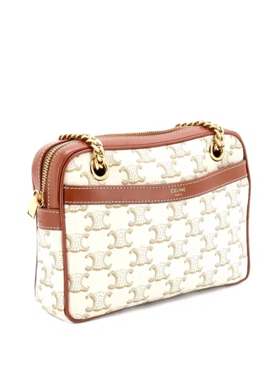 Pre-owned Celine Patapans Bag Triomphe Coated Canvas Small Shoulder Bag In Neutral