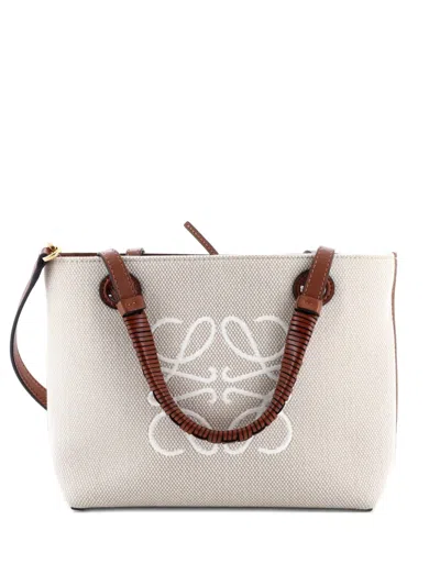 Pre-owned Loewe Anagram Square Basket Tote Canvas Mini Shoulder Bag In Neutral
