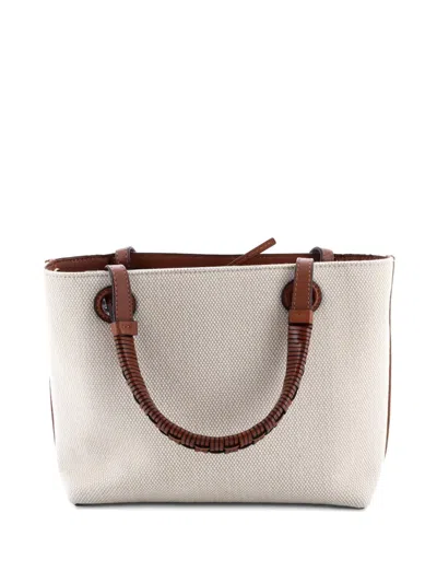 Pre-owned Loewe Anagram Square Basket Tote Canvas Mini Shoulder Bag In Neutral