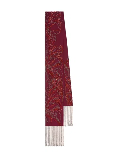 Dries Van Noten Embroidered Fringed Silk Scarf In Red