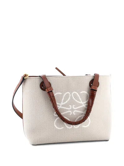 Pre-owned Loewe Anagram Square Basket Tote Canvas Mini Shoulder Bag In Neutral