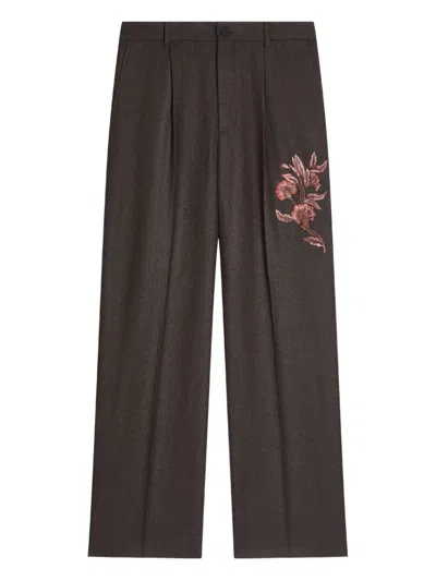 Dries Van Noten Floral-embroidered Trousers In Brown