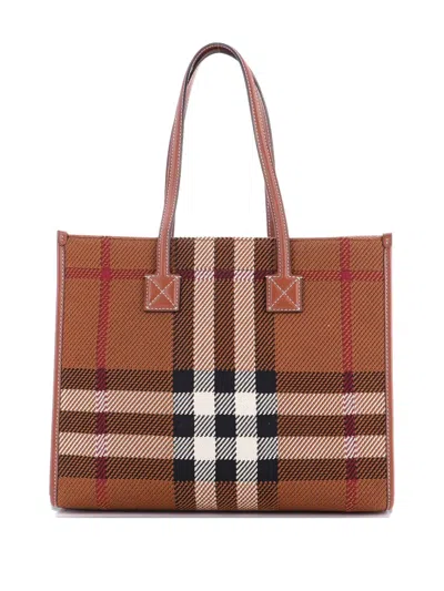 Pre-owned Burberry Freya Shopping Check Canvas With Leather Small Tote Bag In Brown