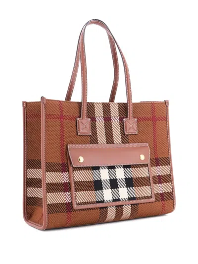 Pre-owned Burberry Freya Shopping Check Canvas With Leather Small Tote Bag In Brown