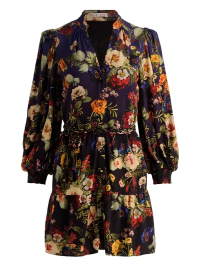 Alice And Olivia Antonette Floral Belted Long-sleeve Mini Dress In Black