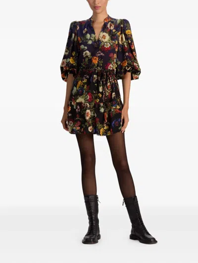 Alice And Olivia Antonette Floral Belted Long-sleeve Mini Dress In Black
