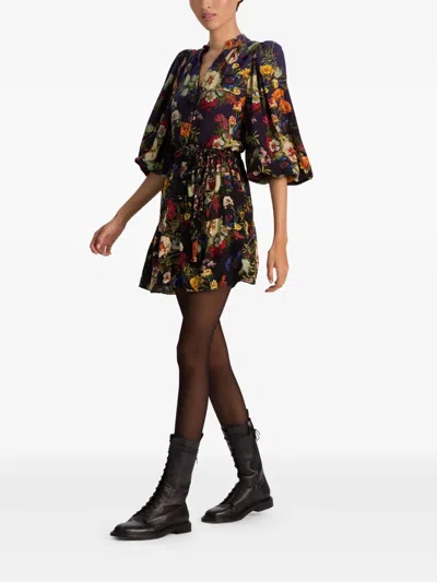 Alice And Olivia Antonette Floral Belted Long-sleeve Mini Dress In Black