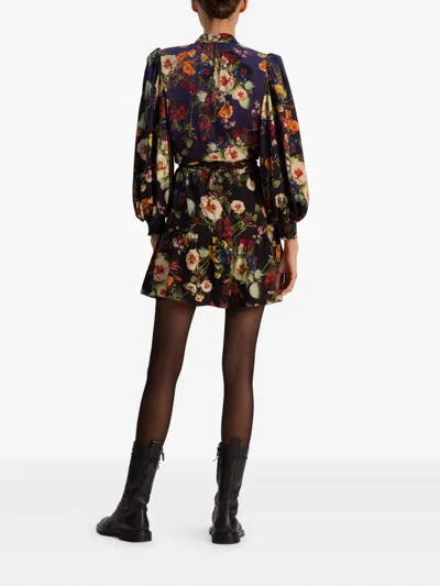Alice And Olivia Antonette Floral Belted Long-sleeve Mini Dress In Black