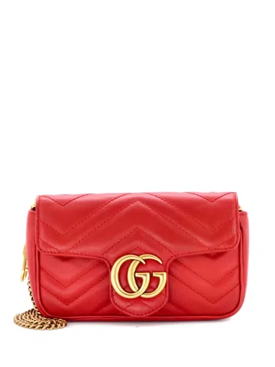 Pre-owned Gucci Gg Marmont Flap Bag Matelasse Leather Super Mini Crossbody Bag In Red