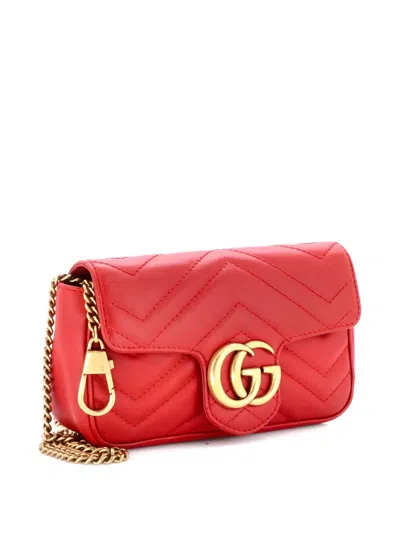 Pre-owned Gucci Gg Marmont Flap Bag Matelasse Leather Super Mini Crossbody Bag In Red