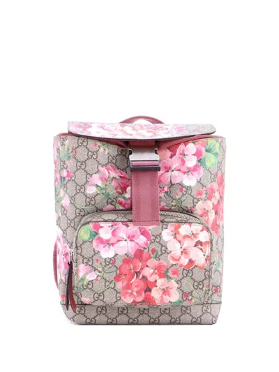 Pre-owned Gucci Buckle Blooms Print Gg Coated Canvas Small Backpack In Neutral