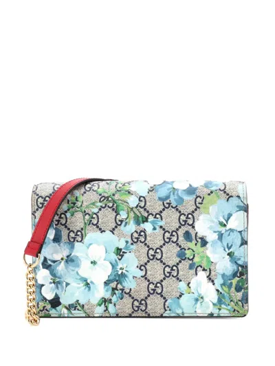 Pre-owned Gucci Chain Wallet Blooms Print Gg Coated Canvas Crossbody Bag In Blue